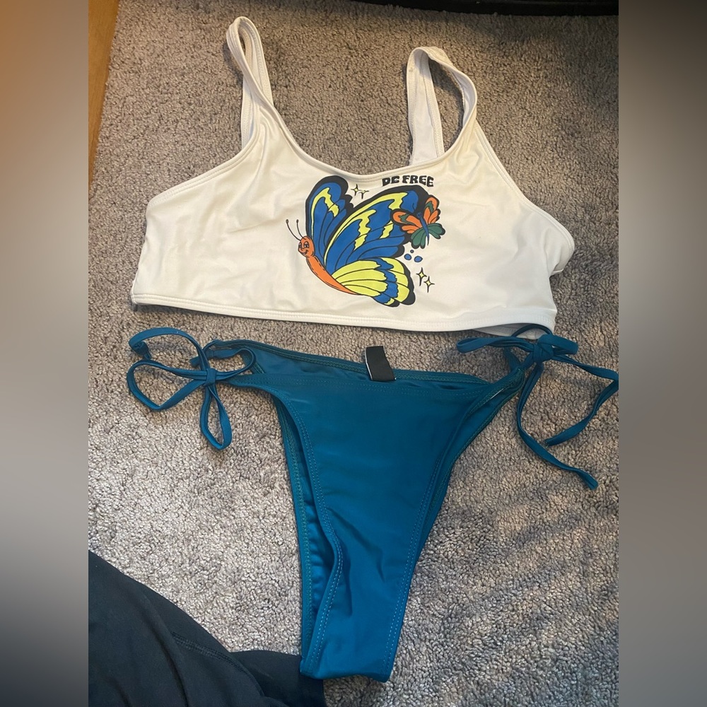 CIDER White Top , Turquoise Bottoms “Be Free” Butterfly Bathing suit set